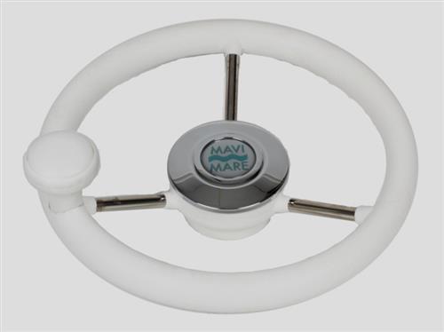 Volante in acciaio inox con impugnatura in poliuretano colore bianco e pomello