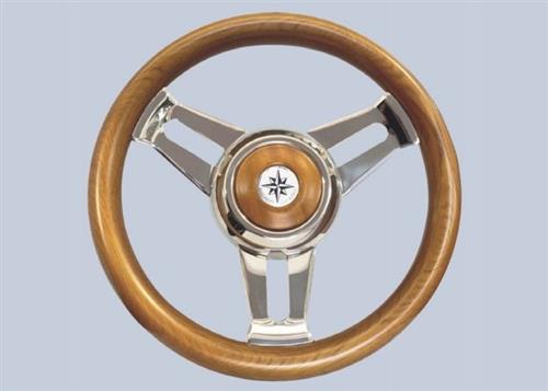 Volante in acciaio inox con impugnatura in teak con diametro 350 mm 